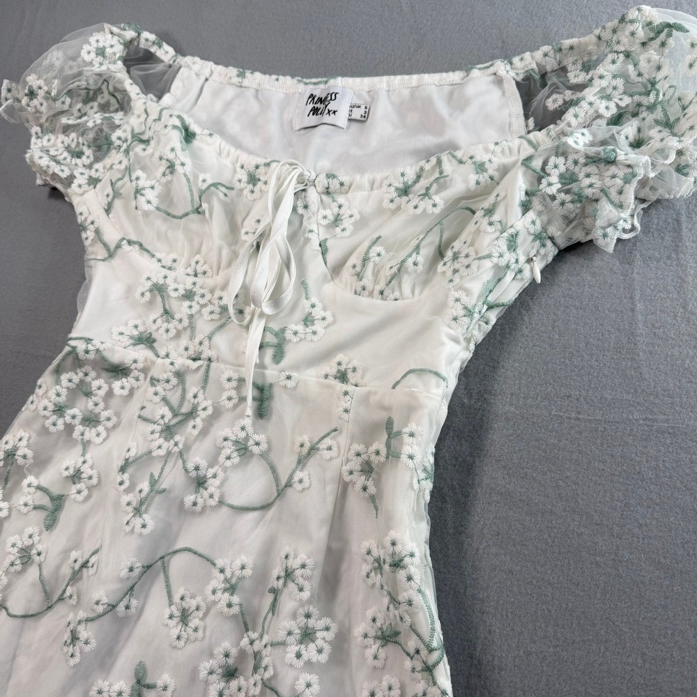 Princess Polly Cottagecore Dress Womens 2 White Green Floral Embroidered Mesh - Picture 4 of 8